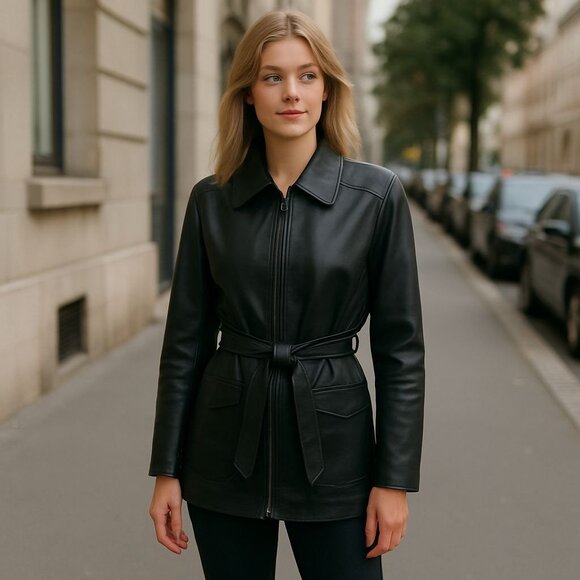 Y2K Sonoma Black Belted Mid-Length 100% Leather Jacket Capsule Penny Lane M - Picture 1 of 7